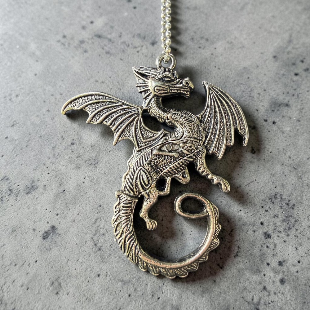 Flying Dragon Neck Knife Silver Tone Fantasy Pendant 26" Ball Chain Hidden Blade